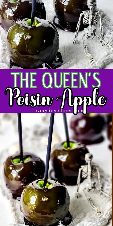 Learn how to make ghoulishly delicious Halloween Poison Apples for a fun Halloween treat. Apples coated with a candy coating and dyed black for a poison apple treat. Candy Apple Kit, Halloween Candy Apples, Candy Apple Recipe, Caramel Apples Homemade, Fun Halloween Treats, Apple Recipe, Cake Pop Sticks, Black Candy, Parchment Paper Baking