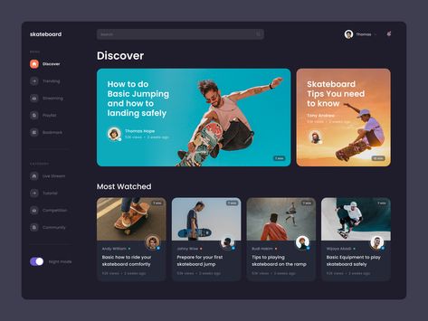 #Exploration - Skateboard Video Platform by Dwinawan for Paperpillar on Dribbble Skateboard Videos, Card Ui, Directory Design, Interactive Media, Dark Mode, App Design Inspiration, Music Design, Web App Design, Website Design Inspiration