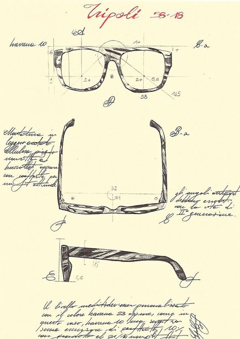 Curious to see how designs look before artisans bring them to life? Here is a sketch of the TRIPOLI frame before it was sent to production. This is one of the several steps that are taken to make a spectacle which is handcrafted in every sense of the word. From the concept, the final design, to the actual frames, L.G.R maintains the authentic meaning of "Handmade in Italy". Glasses Frames Drawing, Glasses Design Sketch, Glasses Graphic Design, Futuristic Glasses Drawing, Sunglasses Design Sketch, Antique Spectacles, Handmade Eyewear, Wooden Glasses, Spectacles Frames