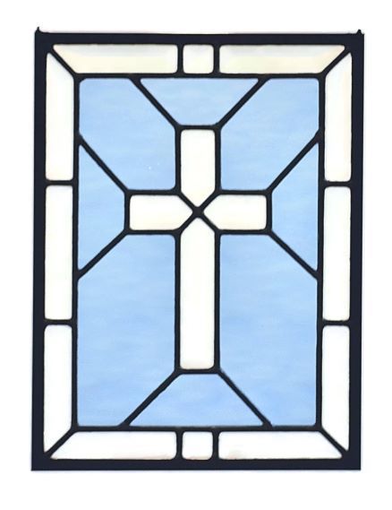 This religious stained glass panel features pale blue waterglass 'flowing' around a clear beveled cross and kept within bounds by a bevel border. It brings to mind the verse: "He leads me beside still waters"...Psalm 23:2 This cross stained glass window offers a gentle invitation. Dimensions: 9.5"w x 12.5"h Construction: Traditional lead and putty construction. Time to craft: 4-6 weeks Traditional Stained Glass Panels, Smash Glass, Beside Still Waters, Stained Glass Patterns Free, Cross Quilt, زجاج ملون, Wine Glass Art, Stained Glass Decor, Church Windows