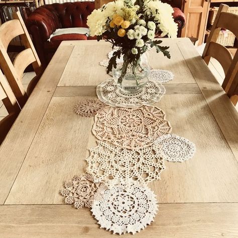 Vintage Doily Table Runner – Amanda Jones Crochet square tablecloth doilies • crochet • repurposed beautiful lace art • decorations Doily Table Runner, Doily Art, Table Runner Tutorial, Doilies Crafts, Table Runner Diy, Crochet Tablecloth Pattern, Vintage Table Runner, Vintage Doily, Crochet Table Runner Pattern