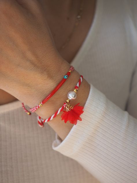 Set of Two Martis bracelet, Spring bracelet, Greek March bracelet,Martisor, Protection gift for bbf, Μάρτης, Lucky charm March Bracelet, Greece Culture, Red Bar, Spring Bracelet, Modern Bracelets, Summer Bracelets, Lucky Charm, Charm Bracelets, Body Oil