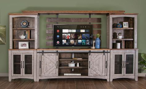 Grey Entertainment Center, Rustic Entertainment Center, Farmhouse Entertainment Center, Barn Door Tv Stand, Entertainment Wall Units, Entertainment Wall, Storage Credenza, Hand Crafted Furniture, Barn Doors Sliding