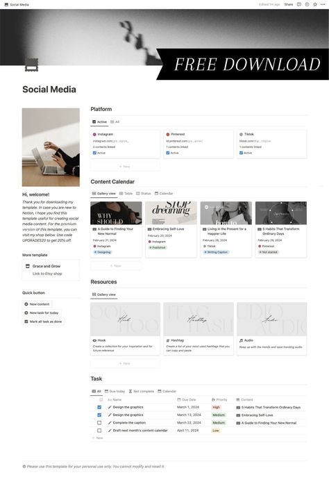 Free Notion Template Social Media Planner Notion Template Social Media Manager, Social Media Planner Notion, Social Media Notion Template, Content Calendar Notion, Notion Social Media Planning, Social Media Content Planner Template, Notion Content Planner Template, Social Media Manager Template, Notion Social Media Template