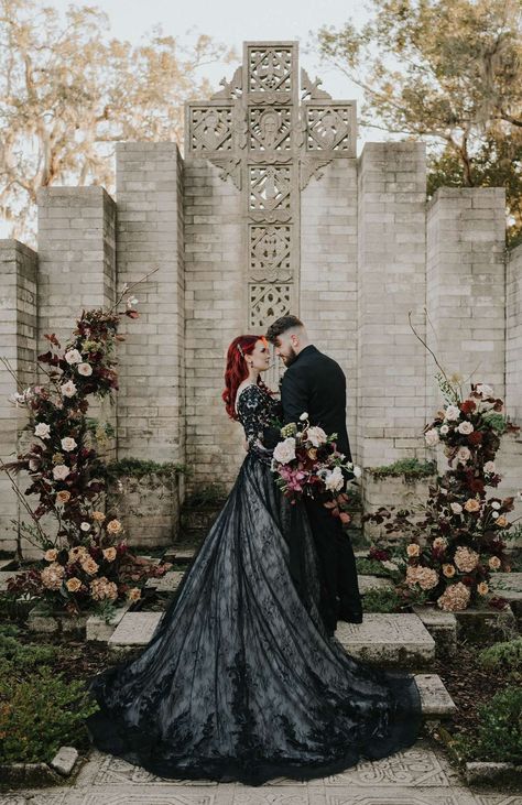 Dark & Moody Yet Elegant Wedding · Rock n Roll Bride Black Ball Gown Wedding Dress, Dark Romantic Wedding, Alt Bride, Gothic Wedding Theme, Goth Bride, Black Red Wedding, Dark Wedding Theme, Sottero And Midgley, Black Ball Gown