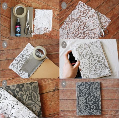 Lace pattern things! I think I just found my favorite craft blog eburrrr. Buku Diy, Notebook Diy, Book Cover Diy, Lace Doily, Diy Notebook, Diy Book, Crafty Craft, Crafty Diy, Diy Projects To Try