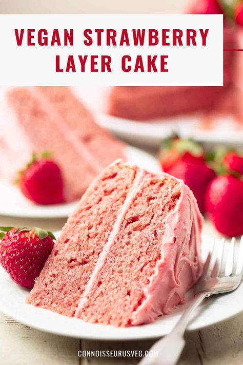 This vegan strawberry cake is made with two layers of cake and a decadent dairy-free cream cheese frosting. It's moist, tender and bursting with fruity deliciousness! Vegan Tres Leches Cake, Vegan Strawberry Cake, Vegan Fruit Cake, Dairy Free Cream Cheese Frosting, Strawberry Layer Cake, Vegetarian Wedding, Strawberry Layer Cakes, Strawberry Cream Cheese Frosting, Strawberry Birthday Cake