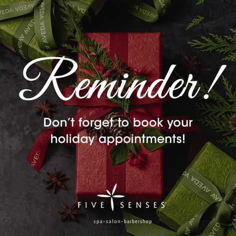 Book your #holiday appointments with us in advance so you're guaranteed the best #FiveSenses holiday experience! #fivesensespeoria #peoriail #avedalife #smellslikeaveda #holidays #holidaydeals #seasonsgreetings #book Holiday Appointment Salons, Book Your Holiday Appointments, Christmas Appointments Available Salon, Prebook Your Holiday Appointments, Holiday Hair Appointment Quotes, Book Your Appointment Quotes, Holiday Hair Appointment, Hair Appointment Quotes, Massage Advertisement