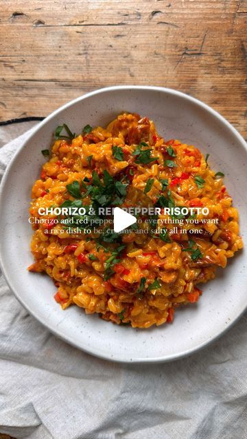 HARI BEAVIS on Instagram: "Chorizo and Red Pepper Risotto - everything you want a rice dish to be, creamy and salty at the same time and packed with flavour !🧡

Serves 2

INGREDIENTS 
1 Onion (2 shallots)
6 Cloves Minced Garlic 
2 Diced Sweet Red Peppers
200 Grams Chorizo 
400 Grams Risotto Rice
1.5 Litre Beef Stock
80 Ml Double Cream 
Parmesan Rind (80 Grams Grated Parmesan)

METHOD
Start by cooking your onions and garlic, you want these to be really soft and translucent. After this, throw in your red pepper and chorizo and allow this to cook for a little bit until the pepper is soft and chorizo is releasing some oils. 
Add your risotto rice along with your stock, cream and parmesan. Let this cook for 8-10 minutes until the rice is cooked but still has a bite. 
Serve and enjoy! 

#comfor Red Pepper Risotto, Rizoto Recipe, Risoni Recipes, Chorizo Risotto, Red Pesto, Parmesan Rind, Risotto Rice, Hen Weekend, One Pot Wonders