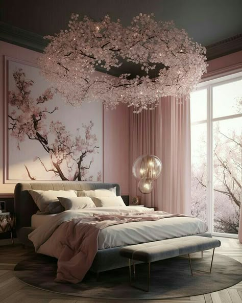 Luxury Bedroom For Women, Closet Rooms Bedrooms, Sakura Home Decor, Pink Bedrooms Grown Up, Sakura Bedroom, Luxury Pink Bedroom, Pink Modern Bedroom, Cream And Pink Bedroom, Salmon Bedroom