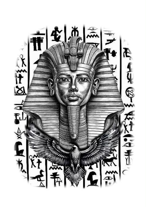 Tutankhamun Tattoo Design, Tutankhamun Tattoo, Pharoah Tattoo, King Tut Tattoo, Egyptian Art Drawing, Anubis Drawing, Pharaoh Tattoo, Egyptian Eye Tattoos, Ancient Egypt Projects