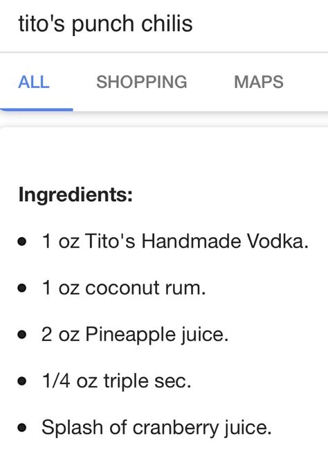 Titos Punch Recipe Chilis, Tito’s Punch Chili’s, Titos Drinks Recipes, Titos Punch, Titos Vodka Recipes, Rum Drinks Recipes, 5 Oclock, Alcholic Drinks, Vodka Recipes