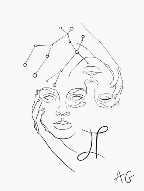 Gemini Design Tattoo, Astrology Line Art, Gemini Tattoo Drawings, Gemini Tattoo Line Art, Zodiac Signs Gemini Art, Gemini Tattoo Two Faces, Gemini Sign Drawing, Gemini Design Art, Two Faced Gemini Tattoo