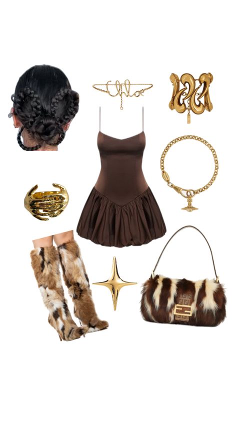 Fendi bag, fur fendi, fur boots, brown dress, hairstyle, gold jewelry , outfit inspo, fashion outfit, nightout outfit Fendi Dress Outfit, Fendi Bag Outfit, Gold Jewelry Outfit, Fendi Outfit, Nightout Outfit, Dress Hairstyle, Fendi Fur, Fendi First, Fendi Dress