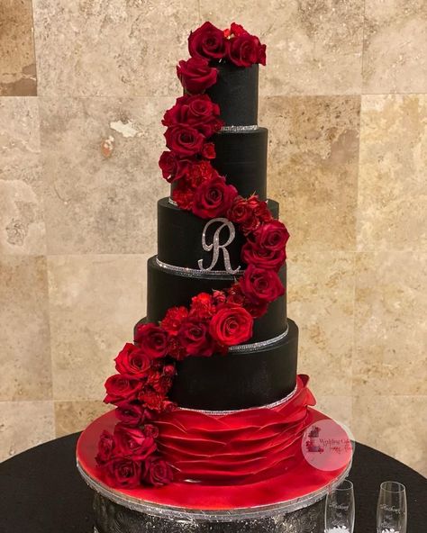 Red And Black Wedding Cake Ideas, Wedding Cakes Red And Black, Black And Red Quinceanera Cake, Black Red And Gold Wedding Cake, Black Wedding Cakes Elegant, Black Red Wedding Cake, Red And Black Quince Cake, Red And Black Sweet 16 Cake, Black And Red Wedding Cakes