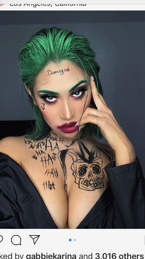 Halloween Joker Makeup Black Woman Joker Costume, Joker Glam Makeup, Women Joker Makeup, Jared Leto Joker Costume Female, Glam Joker Makeup, Joker Make Up Female, The Joker Girl Costume, Joker Female Makeup, Diy Joker Costume Women