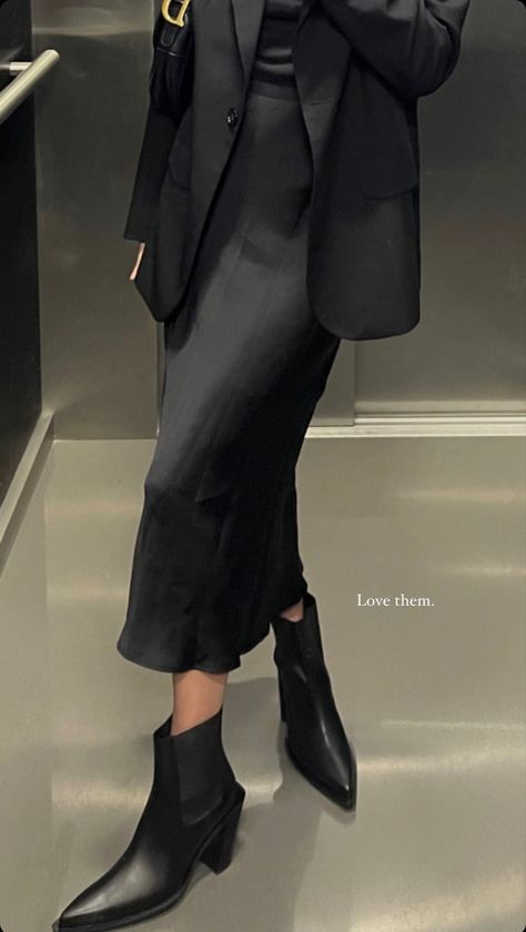 Black Skirt And Black Blazer Outfit, Black Slip Dress And Blazer Outfit, Midi Slip Skirt Outfit Fall, Black Blazer Outfit With Skirt, Blazer And Silk Skirt, Silk Skirt And Blazer Outfit, Satin Skirt Boots, Midi Skirt Blazer Outfit, Black Silk Blazer Outfit