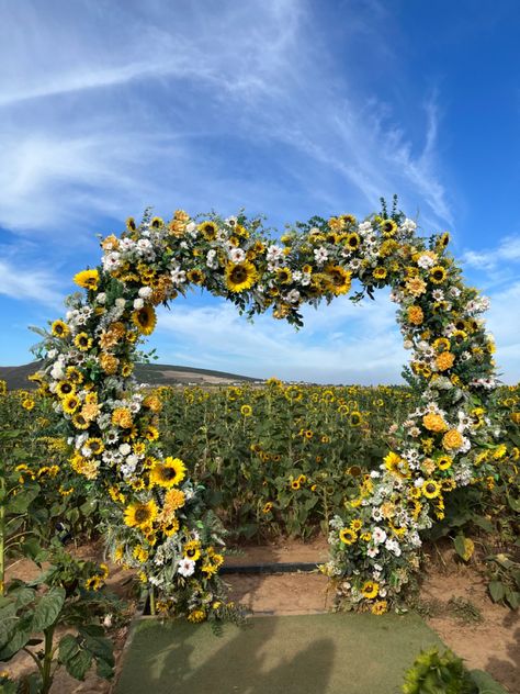 Sunflower Wedding Venue Ideas, Sunflower Field Wedding Ceremony, Sunflower Proposal Ideas, Sunflower Field Proposal, Backyard Reception Food, Green Sunflower Wedding, Sunflower Proposal, Sunflower Field Wedding, Sunflower Arch