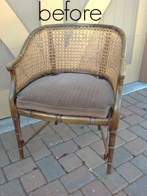 Faux Bamboo Chair Remake Bamboo Chair Makeover, Wicker Chair Makeover, Upcycle Furniture, Cane Back Chairs, Wicker Armchair, Painted Bamboo, Painted Wicker, Bamboo Canes, Bamboo Chair