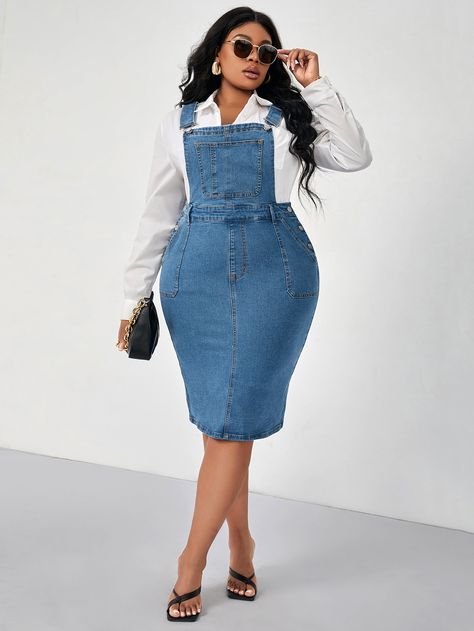 Medium Wash Casual Collar Sleeveless Denim Plain Pinafore Embellished Medium Stretch  Plus Size Denim Queens Outfits, Overall Denim Dress, Vestidos Jeans, Ladies Tops Blouses, Beautiful Casual Dresses, Queen Outfit, African Maxi Dresses, Plus Size Denim, Looks Black