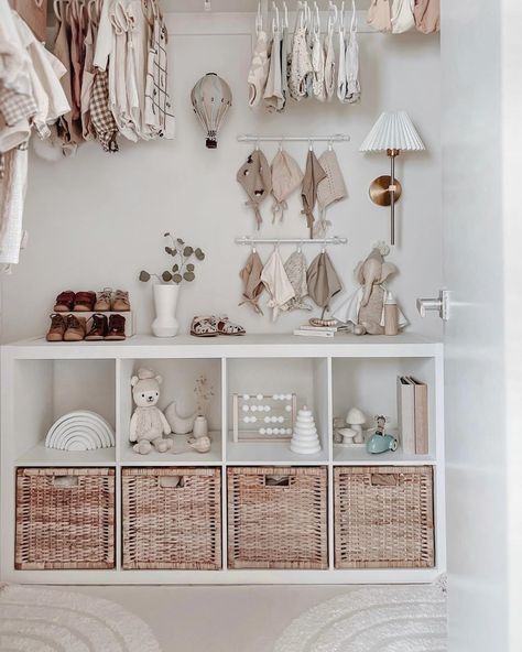 21+ Must-See Nursery Closet Organization Essentials Baby Room Bookshelf, Nursery Bookshelf Ideas, Emma Nursery, Nursery Closets, Woodland Nursery Ideas, Diy Nursery Mobile, Farmhouse Nursery Decor, Baby Room Storage, Storing Baby Clothes