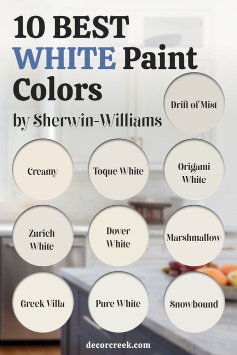 This image features 10 popular white paint colors from Sherwin-Williams, presented in labeled circular swatches. The title reads, "10 Best White Paint Colors by Sherwin-Williams," with "White" highlighted in blue. The highlighted colors include Drift of Mist, Creamy, Toque White, Origami White, Zurich White, Dover White, Marshmallow, Greek Villa, Pure White, and Snowbound. White Paint For Baseboards, Warm Whites For Walls Sherwin Williams, Chalky White Paint Color, Best White Paint For Walls Sherwin, Best Coastal White Paint Colors, White Dove Vs Pure White, Sherwin Williams White Duck Walls, Sherwin Williams White Paint Colors For Walls, Neutral Off White Paint Colors