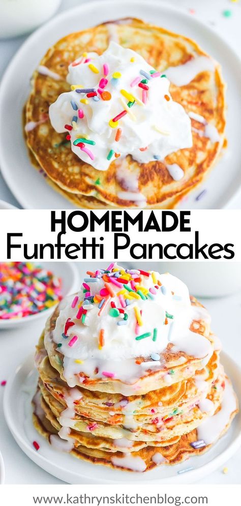 These irresistible Funfetti Pancakes from scratch make any morning so much more fun! No cake mix is required and these make the best breakfast treat. Loaded with sprinkles and topped with an almond glaze and whipped cream. Funfetti Pancakes, Almond Glaze, Healthy Breakfast Muffins, Pancakes From Scratch, Quick Breakfast Recipes, The Best Breakfast, Pancakes Easy, Breakfast Treats, Breakfast Recipes Easy