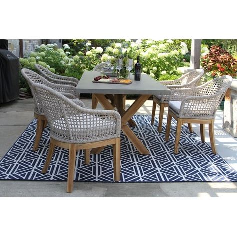 Backyard Dining, Stone Concrete, Teak Chairs, Dining Furniture Sets, Trestle Table, Sunbrella Cushions, Teak Table, Patio Dining Chairs, Outdoor Dining Furniture