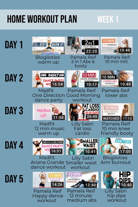 Pilates Weekly Workout, Weekly Work Out Plan At Home, Blogilates Workout Plan, Pamela Reif Abs Workout Plan, Workout Plan Videos, Weekly Workout Plans Pilates, Workout Schedule Youtube, Workout Plan For A Week, Model Weekly Workout Plan