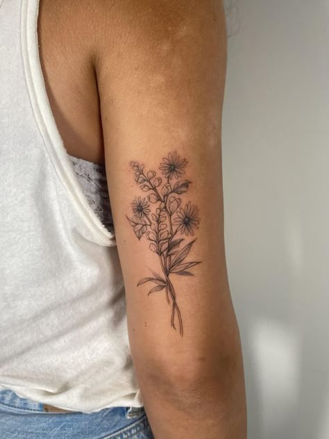 Birth Flower Half Sleeve Tattoo, Flower Tattoos Back Of Arm, Girl Bicep Tattoo, Lupine Tattoo, Tattoo Earrings, Above Elbow Tattoo, Bicep Tattoo Women, Bicep Tattoos, Tattoos Abstract