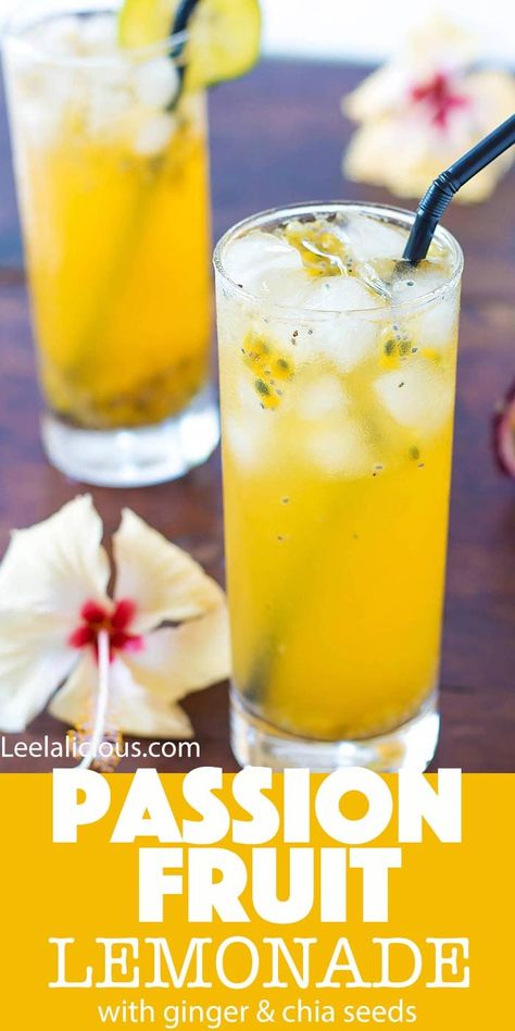 This refreshing Passion Fruit Lemonade is made with a ginger simple syrup. The fresh passion fruit and chia seeds give it an awesome texture surprise. #passionfruit #lemonade #summer #drink #beverage #recipe #ginger #chia #healthy #athome #maracuja Fresh Fruit Lemonade Recipes, Drinks With Passion Fruit Syrup, Easy Refreshments For Meeting, Passionfruit Juice Recipe, Passion Fruit Lemonade Recipe, Passion Fruit Recipes Healthy, Passion Fruit Drink Recipes, Passion Fruit Recipes Drinks, Passion Fruit Smoothie Recipes