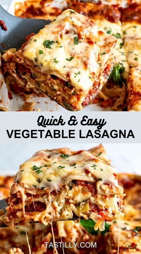 Dreamy vegetarian Quick & Easy Vegetable Lasagna is hearty, filling, cheesy, and very easy to make. Enjoy layers of perfectly cooked pasta, tomato sauce, creamy cottage cheese sauce, and fresh veggies, all baked into cheesy goodness! Easy Veggie Lasagna, Easy Vegetable Lasagna, Pasta Tomato Sauce, Veggie Lasagna Recipe, Meatless Lasagna, Lasagna Cups, Vegetarian Lasagna Recipe, Vegetable Lasagne, Pasta Tomato