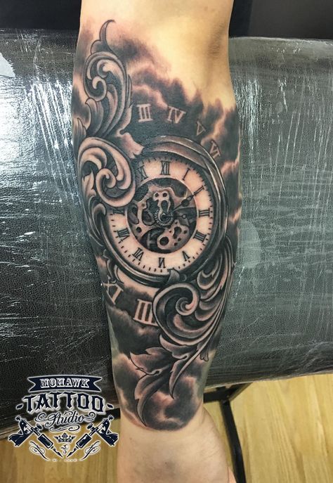 Two Clocks Tattoo Design, 3 Clocks Tattoo Design, Clock Tattoo Design For Men Arm, Timepiece Tattoo, Clock Pieces Tattoo, 2 Pocket Watch Tattoo Design, Time Piece Tattoo, Paisley Tattoo, Watch Tattoo Design