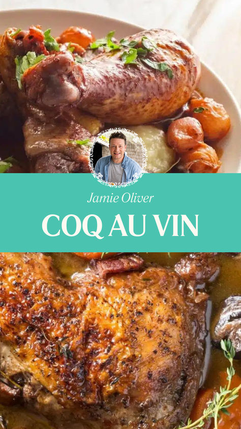 Jamie Oliver Coq Au Vin Julia Child Coq Au Vin, Coque Au Vin Recipe, Cow Au Vin Slow Cooker, Coq Au Vin Recipe Slow Cooker, Cow Au Vin Recipe, Coq Au Vin Slow Cooker, Chicken Coq Au Vin Recipe, French Dinner Parties, Coq Au Vin Recipe