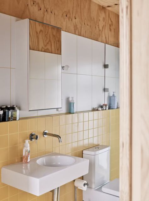 Photo 19 of 20 in This Suburban Australian Home Isn’t Afraid of a Little (More Like a Lot of) Plywood - Dwell Small Square Bathroom, 1940 Bathroom, Plywood Bathroom, 2024 Bathroom, Bathroom Upstairs, Yellow Bathroom, House Aesthetic, Yellow Bathrooms, Bathroom Top