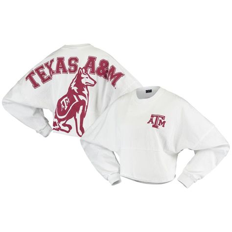 Whether you're a current student, alumni or just a superfan, every member of the Texas A&M Aggies franchise needs a solid collection of gear. This season, spruce up your look with this chic Raw Hem Cropped Spirit Jersey T-shirt! The fierce Texas A&M Aggies graphics and super-soft blend make this fun top a must-have addition to your closet! Brand: Spirit Jersey Crew neck Long sleeve Machine wash, tumble dry low Made in the USA Officially licensed Raw hem Screen print graphics Jersey Long Sleeve, Spirit Jersey, Texas A&m, Mens Big And Tall, Nice Tops, Jersey T Shirt, Womens Clothing Tops, Boy's Clothing, Long Sleeve T Shirt