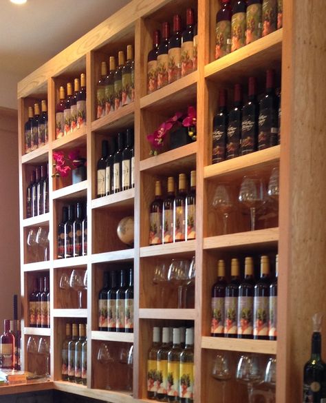 Wide River Winery Tasting Room, Le Claire, Iowa. Wine Boutique Shops, Chocolate Store Design, Wine Store Design, Wine Shop Interior, Wine Barrel Wall, Liquor Shelf, Winery Tasting Room, Barrel Room, Rustic Wine Racks