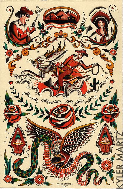 Kyler Martz, Traditional Tattoo Flash Sheets, Traditional Tattoo Flash Art, Traditional Tattoo Old School, Cowboy Tattoos, Traditional Tattoo Inspiration, Traditional Style Tattoo, Tattoo Old School, Western Tattoos