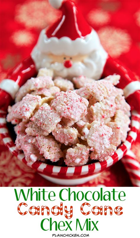 White Chocolate Candy Cane Chex Mix - only 3 ingredients!! This stuff is addictive! I couldn't walk past it without having a bite. Makes a great quick gift for friends, neighbors, teachers and co-workers. Quick and easy gift that everyone will enjoy! Peppermint Muddy Buddies, Candy Cane Muddy Buddies, Peppermint Popcorn, White Almond Bark, White Chocolate Candy, Pretty Desserts, Yummy Deserts, Candy Bark, Homemade Food Gifts