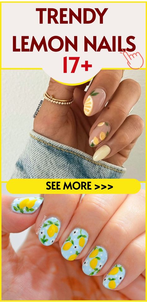 Add a fresh twist to your nail routine with these lemon-themed nail designs that will add a burst of citrusy charm to your fingertips! Embrace sunny shades of yellow reminiscent of vibrant lemons. Explore playful nail art ideas inspired by this zesty fruit, like lemon slices, lemonade glasses, or lemon tree motifs. Elevate your look with glittering lemon zest accents, delicate lemon blossom patterns, or chic lemon peel decals for a touch of summer sweetness. Lemon Nail Designs, Nail Routine, Lemon Nails, Yellow Nail, Nail Collection, Sunny Vibes, Lemon Blossoms, Lemon Slices, Vibrant Nails