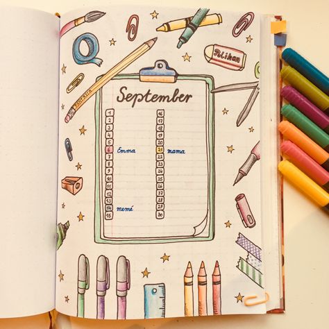 Bujo School Theme, September Bujo Theme Ideas, Bullet Journal Back To School Theme, Colorful Bujo Theme, September Bulletin Journal Ideas, Stationary Doodles, Bullet Journal Rose, Back To School Bullet Journal, September Bujo