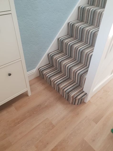 Striped Hallway Carpet, Striped Stair Carpet Ideas, Stair Carpets Ideas, Striped Stair Carpet, Stairs Carpet Ideas, Hall Stairs And Landing Decor, Stairs And Landing Decor, Landing Decor Ideas, Stairs With Wood