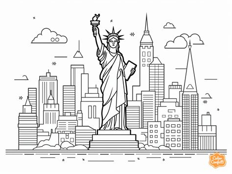 illustration of New York State symbols coloring New York Coloring Pages, Usa Landmarks, Skyline Drawing, Nyc Pics, Mandala Turtle, Coloring Page For Adults, State Symbols, Summer Program, Cool Coloring Pages