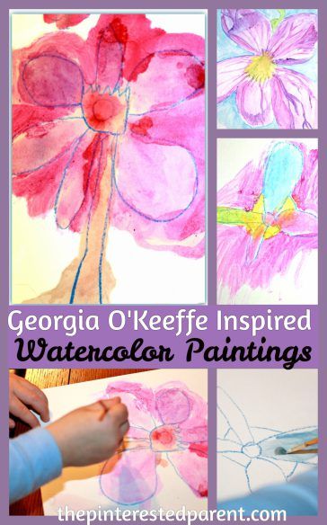 Georgia O'Keefe inspired flower watercolor paintings for kids - exploring art history & famous artists. Watercolor Paintings For Kids, Wicked Watercolor, Flower Watercolor Paintings, Paintings For Kids, Georgia O'keefe Art, Famous Artists For Kids, Georgia O Keefe, Georgia History, Master Artists