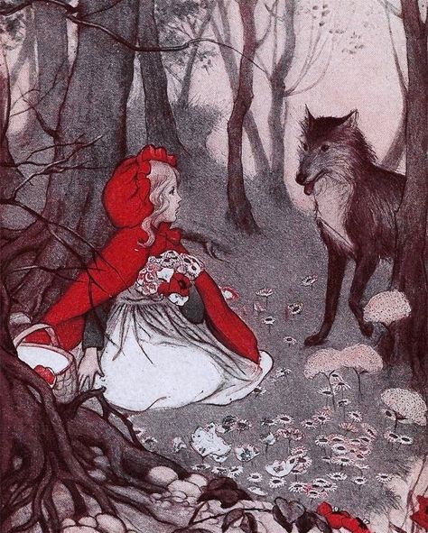 Happy Halloween 🎃❤️🐺 Little Red Riding Hood and The Wolf #halloween #littleredridinghood #wolf Wolf In The Woods, Red Riding Hood Wolf, Red Riding Hood Art, 동화 삽화, Fairytale Nursery, The Big Bad Wolf, Red Wolf, Fairytale Illustration, Charcoal Drawings