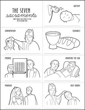 The seven sacraments of the Catholic church are baptism, confirmation, Eucharist, penance, anointing of the sick, marriage and holy orders. Sacraments Activities, Mass Worksheet, The Seven Sacraments, 7 Sacraments, Catholic Kids Activities, Religion Activities, Seven Sacraments, Catholic Sacraments, Catholic Homeschool