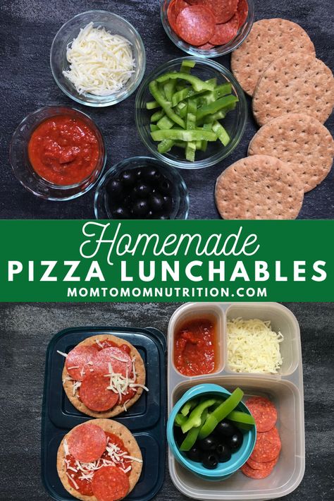 Homemade pizza lunchables bring the best of both worlds to your child's lunchbox: PIZZA and fun! Packed with simple ingredients that are good for you and customizable as well! Homemade Pizza Lunchable, Homemade Pizza Lunchables, Lunchbox Pizza, Pizza Lunchable, Camp Lunch, Mom To Mom, Homemade Gourmet, Toddler Nutrition, School Meals