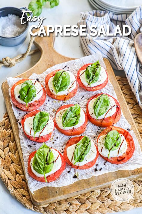 Create a classic Caprese Salad with a drizzle of balsamic glaze over a spread of thickly sliced beefsteak tomatoes, creamy mozzarella, and fresh basil. Caprese salad is delicious and easy to make in just 10 minutes to serve as an appetizer and is also great as a dinner side. You’ll love the bright colors and combination of flavors for a palette-pleasing recipe with traditional Italian elements. Caprese Salad Dressing, Easy Caprese Salad, Caprese Salad Recipe, Mozzarella Salad, Beefsteak Tomato, Dinner Side, Cucumber Tomato Salad, Italian Spices, Tomato Mozzarella