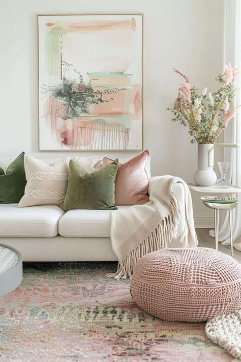 Sage And Blush Room, Colorful Wall Decor Ideas, Sage And Pink Decor, Green And Pink House Decor, Home Decor Ideas 2024 Trends, Sage And Pink Living Room, Pink And Green Interior Design, Sage Green And Pink Living Room, Green Pink Living Room