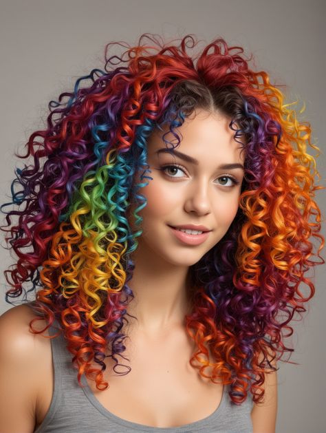 28 Mind-Blowing Rainbow Hair Ideas That Will Make You Stand Out – Scan to Talk Curly Multicolored Hair, Rainbow Curly Hair, Dip Dye Bob, Curly Rainbow Hair, Rainbow Hair Ideas, Rainbow Braids, Editorial Hair, Multicolored Hair, Bob With Bangs